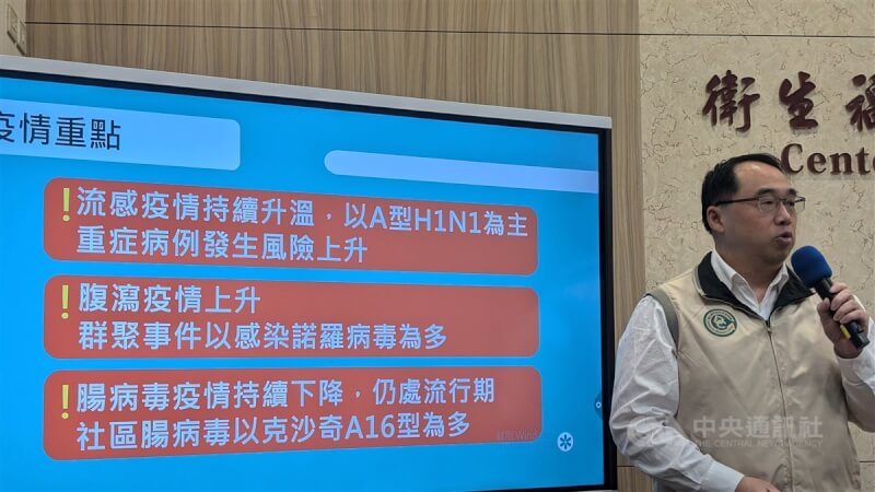 衛福部疾管署疫情中心主任郭宏偉（圖）14日在例行疫報中表示，1月5日至11日類流感門急診就診約13.9萬餘人次，為近10個流感季同期最高，急診就診病例百分比達12.7%，疫情呈上升趨勢，處於流行期。中央社記者曾以寧攝 114年1月14日