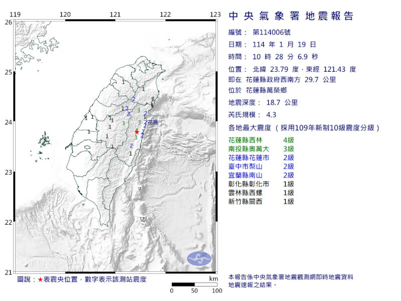 花蓮縣萬榮鄉19日上午10時28分發生芮氏規模4.3地震。（圖取自中央氣象署網頁cwa.gov.tw）