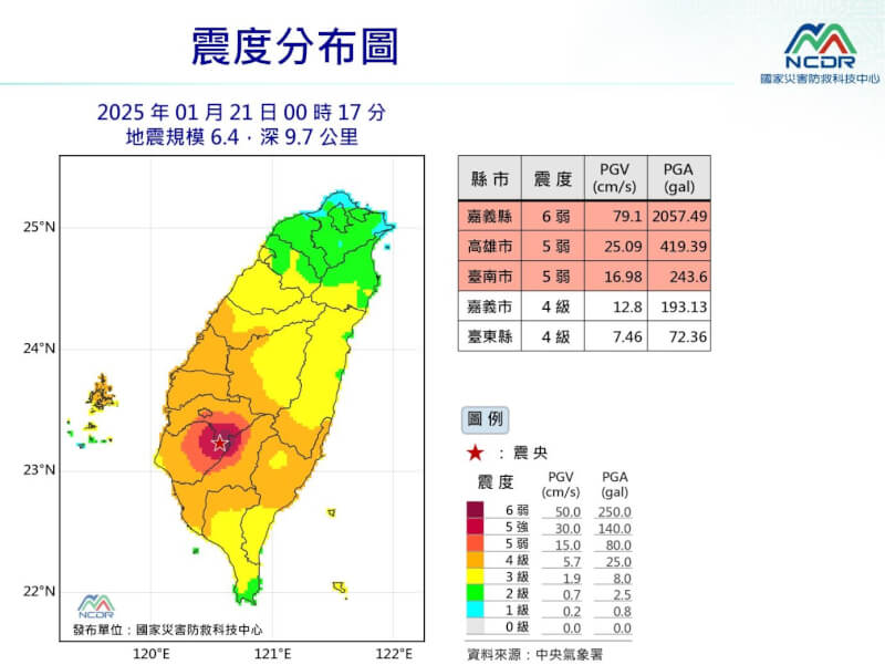 嘉義21日凌晨0時17分發生芮氏規模6.4地震，震央在大埔。（圖取自國家災害防救科技中心LINE帳號）