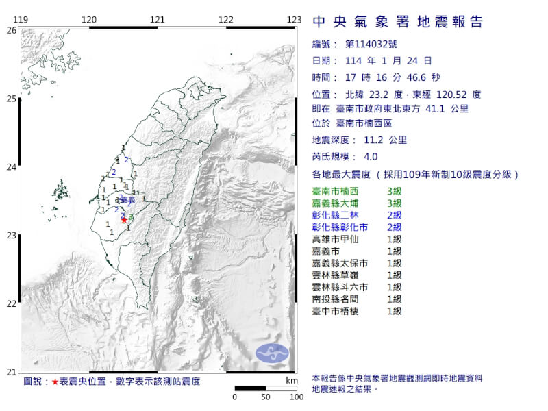 台南楠西區下午5時16分發生規模4地震，最大震度台南市、嘉義縣3級。（圖取自氣象署網頁cwa.gov.tw）