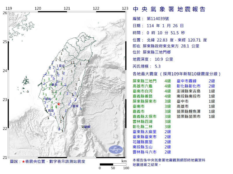 屏東縣三地門鄉26日0時10分發生芮氏規模5.3地震。（圖取自中央氣象署網頁cwa.gov.tw）