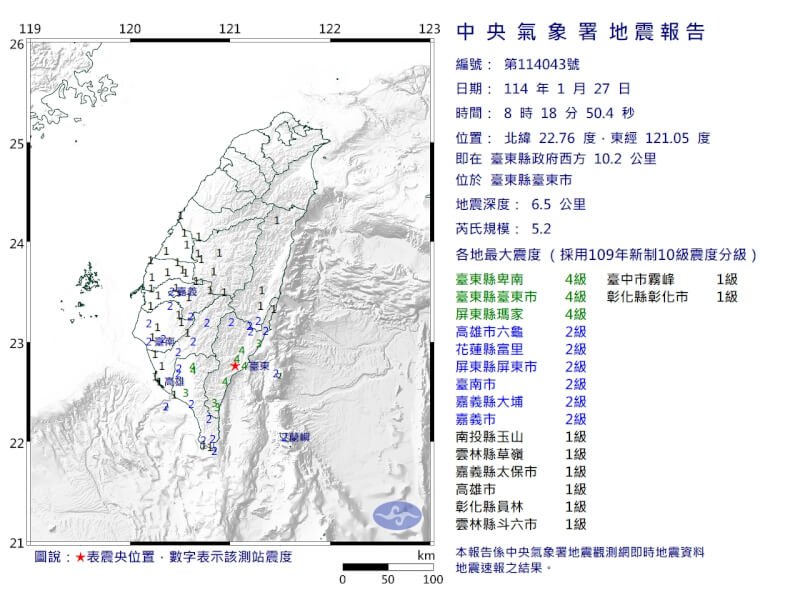 台東縣台東市27日上午8時18分發生芮氏規模5.2地震。（圖取自中央氣象署網頁cwa.gov.tw）