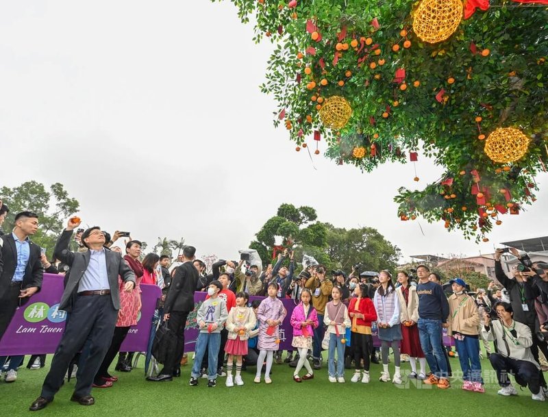 農曆春節來到，香港新界大埔林村「許願樹」出現大批祈求新一年財運亨通、身體健康的市民；圖為113年7月間，行政長官李家超（左2）跟隨習俗向樹上拋擲許願物。中央社記者張謙香港傳真 114年1月29日