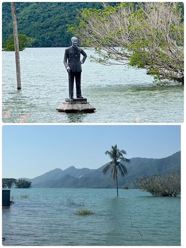 嘉義縣大埔鄉30日發生芮氏規模5.6地震，原在曾文水庫的前總統蔣介石銅像「站不住跌落水中」，銅像「水上漂」景觀不再。（大埔鄉公所提供）中央社記者蔡智明傳真 114年1月30日