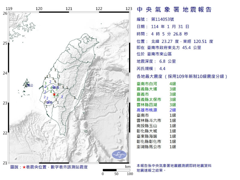 31日4時5分台南市東山區發生芮氏規模4.4地震。（圖取自氣象署網頁cwa.gov.tw）