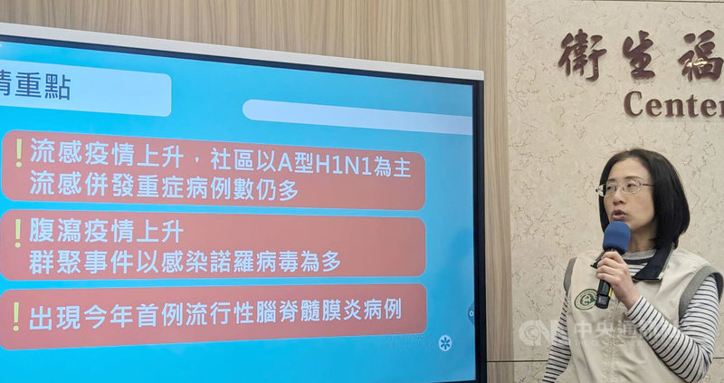 衛福部疾管署疫情中心副主任李佳琳（圖）4日在記者會中說明近期疫情重點，指出流感疫情上升，目前流感併發重症病例數量仍偏多。中央社記者曾以寧攝  114年2月4日