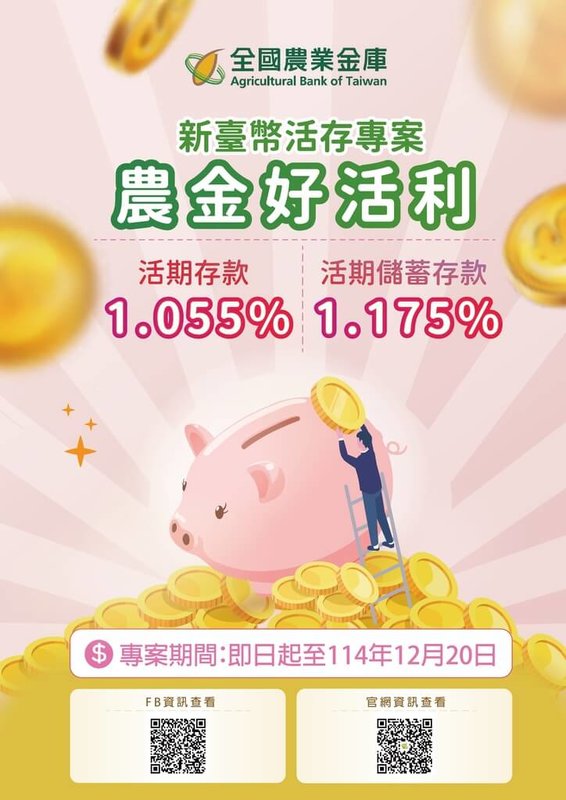 全國農業金庫自即日起推出新台幣活期、定期存款優惠專案，符合資格存款戶可享牌告利率加碼優惠。（全國農業金庫提供）中央社記者楊淑閔傳真 114年2月6日