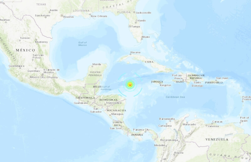 根據美國地質調查所（USGS），加勒比海8日發生規模7.6地震，震源深度10公里。（圖取自美國地質調查所網頁earthquake.usgs.gov）