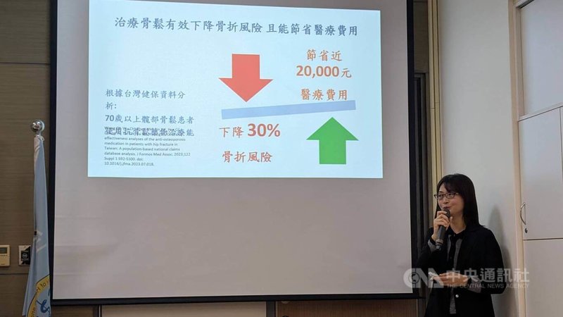 超高齡社會下，骨質疏鬆成健康隱憂。國家衛生研究院高齡醫學暨健康福祉研究中心助研究員王貞予13日指出，以健保資料推估，若全台骨質疏鬆性骨折患者都穩定接受治療，每年可省下新台幣1億元健保費。中央社記者曾以寧攝  114年2月13日