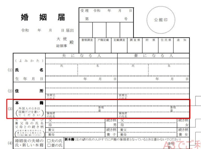 圖為日本現行的「結婚登記」表格部分內容，第3項括號內的說明可能變更為「國籍・地域」。（圖取自日本外務省網頁mofa.go.jp/mofaj/）