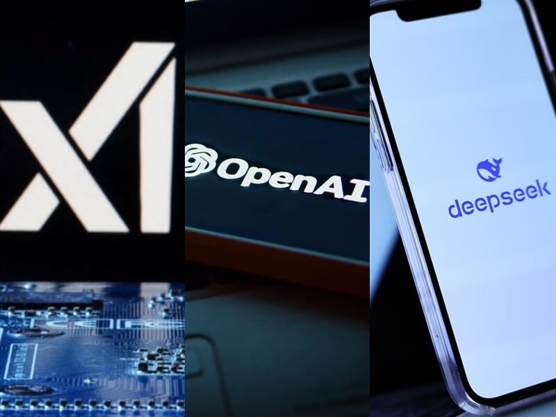 圖為xAI、OpenAI、deepseek logo。（圖取自路透社、Unsplash圖庫、中央社檔案照片）