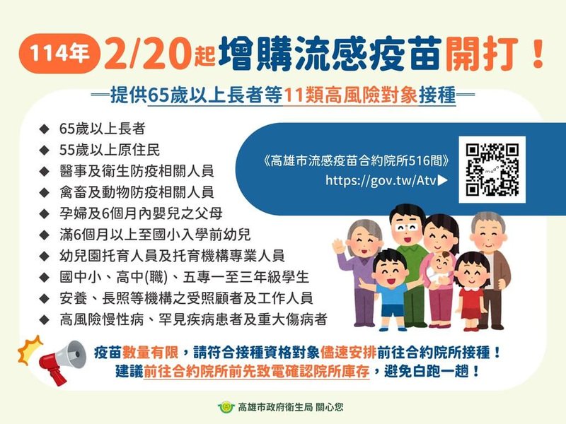 高雄市衛生局19日表示，全市有516家合約院所20日將開放高風險11類民眾接種公費流感疫苗，院所名單公告於衛生局官網「流感疫苗專區」，並將於每天上午8時30分及下午6時更新疫苗庫存情形。（高雄市衛生局提供）中央社記者林巧璉傳真  114年2月19日