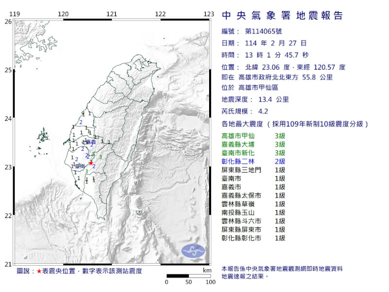 27日下午高雄市發生規模4.2地震。（圖取自氣象署網頁cwa.gov.tw）