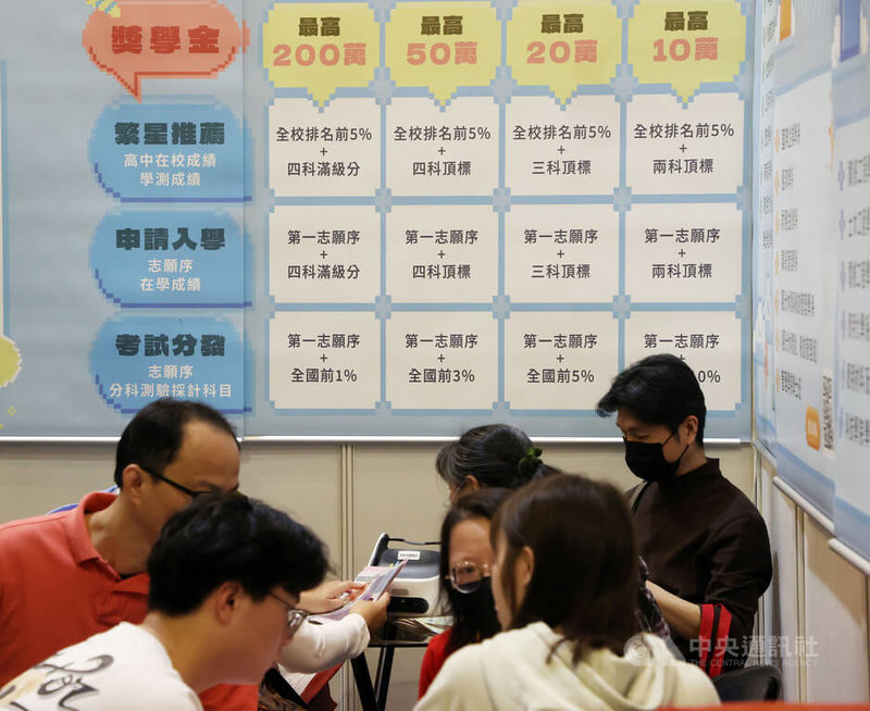 2025大學暨技職校院多元入學博覽會1日在台北、高雄2地同步登場,台北展區位於台灣大學綜合體育館,受少子女化衝擊,許多大學都推出高額獎學金爭取人才。中央社記者郭日曉攝 114年3月1日