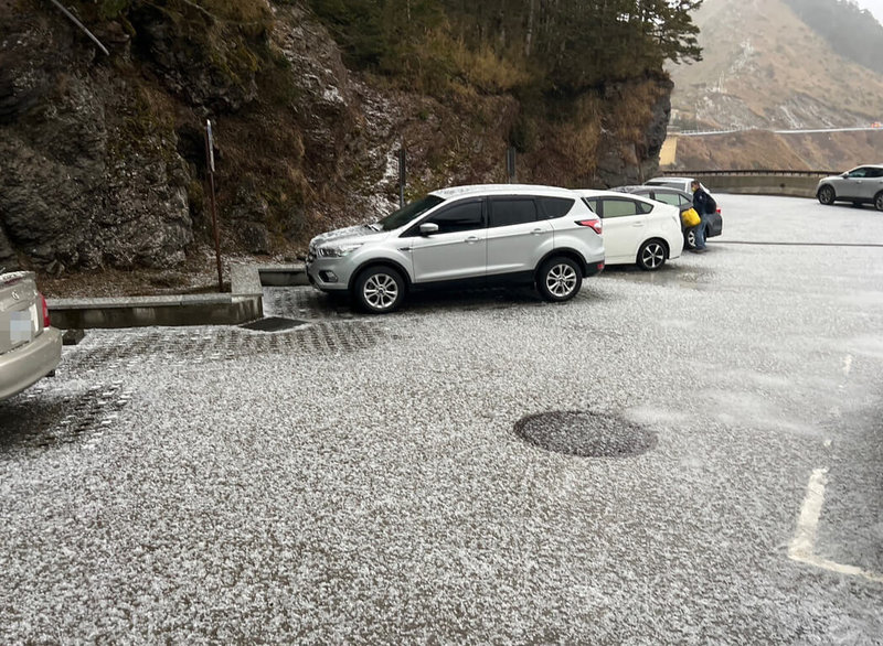 南投縣4日下午下起雷雨，合歡山、信義鄉等地甚至伴隨冰雹，由於冰雹持續了一段時間，合歡山地面也因此鋪上一層薄冰。（林業及自然保育署南投分署提供）中央社記者蕭博陽南投縣傳真  114年3月4日