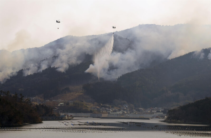 日本岩手縣山林火災4日持續延燒，自衛隊出動直升機救火。（共同社）