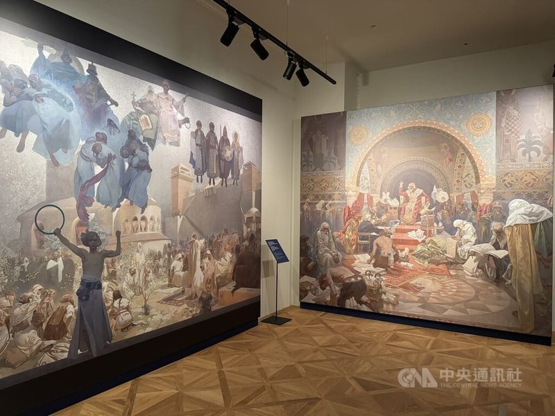 新慕夏博物館展出慕夏「斯拉夫史詩」（The Slav Epic）前4幅的複製品以及相關草稿圖，真跡預計未來移至館內展出。中央社記者劉郁葶布拉格攝  114年3月5日