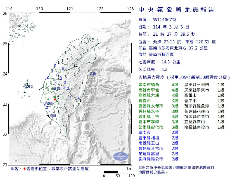 台南市楠西區5日晚間發生芮氏規模5.2地震。（圖取自中央氣象署網頁cwa.gov.tw）