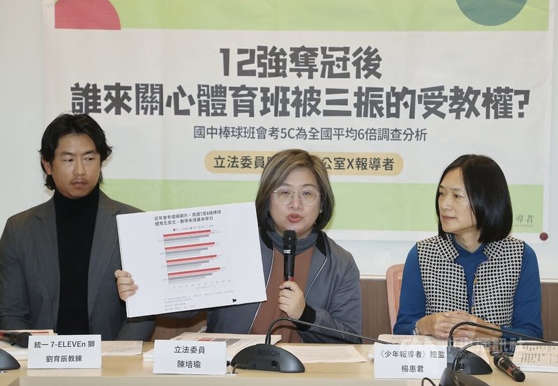 民進黨立委陳培瑜(中)等人6日說,分析全台體育班的國中會考成績,未達基本學力狀況遠超出想像,其中又以棒球體育班最為嚴重,呼籲政府正視學生受教權。中央社記者郭日曉攝 114年3月6日