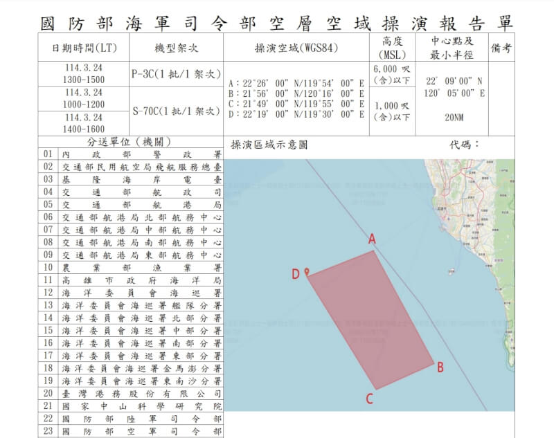 國防部6日發布海軍艦隊指揮部民國114年第1季實施對專案操演空域申請實彈射擊通報單。（圖取自農業部漁業署網頁fa.gov.tw）