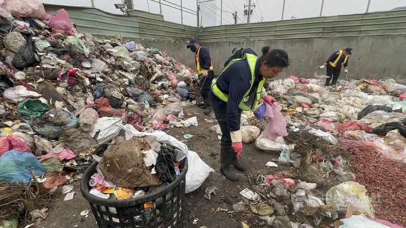 雲林縣口湖鄉因未落實垃圾分類且有重大違規,遭焚化廠禁運7天,口湖鄉清潔隊後厝村垃圾轉運站目前囤積3000公噸的垃圾,清潔隊員忍受惡臭,逐一檢查每袋垃圾並分類。中央社記者姜宜菁攝 114年3月11日
