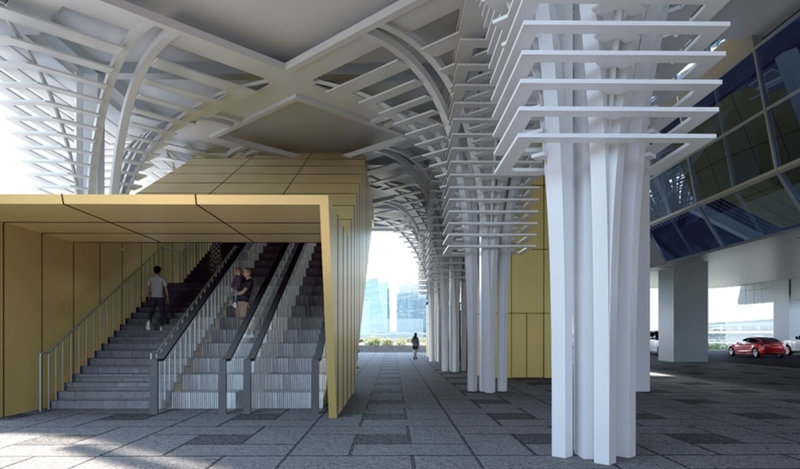 新北市捷運局14日表示,環狀線板橋站新增出入口統包工程決標,將在板橋火車站東一門處新設新北環狀線板橋站出入口,啟用後乘客轉乘步行時間可減半,縮短至5分鐘。此為模擬圖。(新北市捷運局提供)中央社記者趙敏雅傳真 114年3月14日