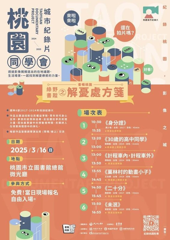 桃園市立圖書館將舉辦「書暢桃園-綠野書蹤之解憂處方箋」創新書市「解憂療癒場」活動,16日安排城市紀錄片放映及映後座談。(桃園市立圖書館提供)中央社記者葉臻傳真 114年3月14日