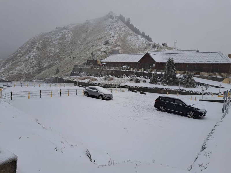 合歡山18日、19日上午持續降雪，路面、邊坡明顯積雪，當地工作人員指厚度最多達11.5公分。（林業及自然保育署南投分署提供）中央社記者蕭博陽南投縣傳真114年3月19日