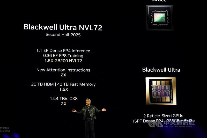 輝達發表新一代的NVIDIA Blackwell AI工廠平台NVIDIA Blackwell Ultra。中央社記者張欣瑜舊金山攝 114年3月19日