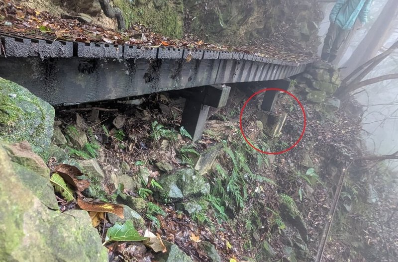 農業部林業及自然保育署新竹分署19日表示,苗栗南庄加里山登山步道大坪支線3K+300處有橋基掏空情形,預計4月21日至4月25日暫時封閉,辦理拆除作業並整理路基。(林保署新竹分署提供)中央社記者管瑞平傳真 114年3月19日