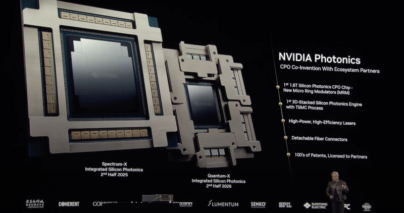 輝達執行長黃仁勳18日在GTC技術大會發表Spectrum-X與Quantum-X矽光子網路交換器。（圖取自輝達YouTube頻道網頁youtube.com）