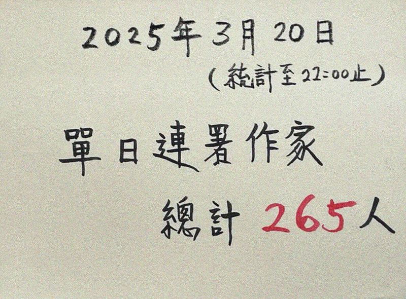 由作家楊双子等發起「台灣文學作家連署聲明」，20日宣布啟動第2波串連行動，首日連署數破265人，包括作家李喬、陳列與李敏勇等加入，目前人數持續增加。（台灣文學作家連署聲明發起小組提供）中央社記者邱祖胤傳真 114年3月21日