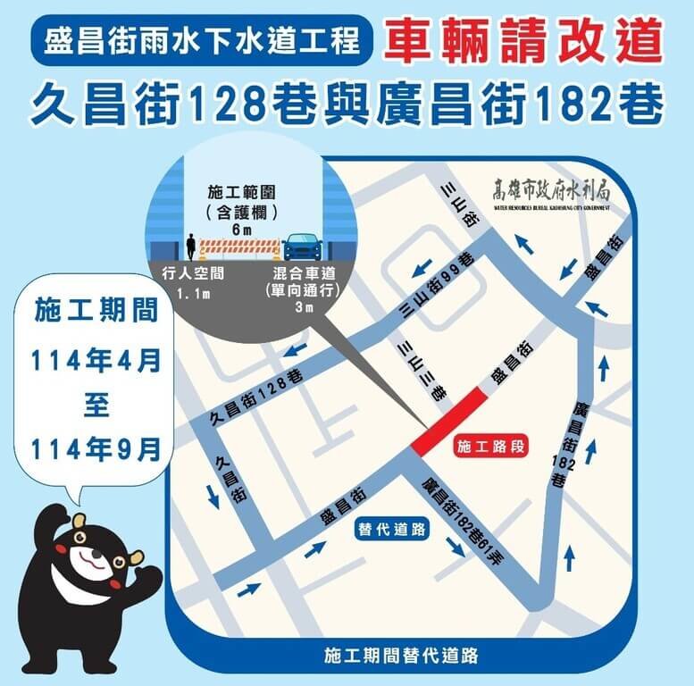 高雄市政府水利局推動楠梓盛昌街瓶頸段排水箱涵改善工程,預計4月初開工,施工期間將分段局部封閉單向道路及進行車道管制。(高雄市水利局提供)中央社記者蔡孟妤傳真 114年3月31日