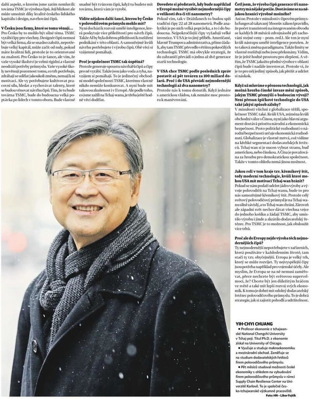 政治大學經濟學系教授莊奕琦赴捷克查理士大學進行駐點研究期間,接受捷克媒體「經濟日報」(HN)專訪,分享對捷克半導體產業發展的觀察與建言。(政大提供)中央社記者許秩維傳真 114年4月6日