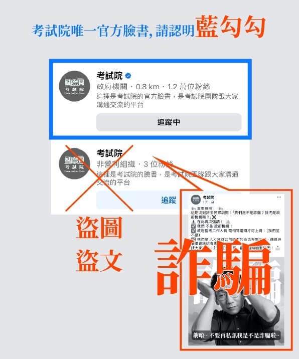 考試院官方臉書粉絲專頁只有一個,請認明具有「藍勾勾」認證標章的才是正版。(考試院提供)