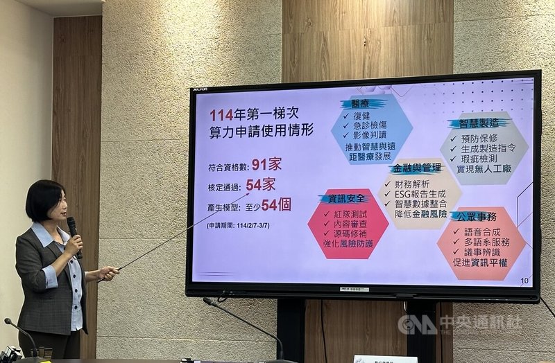 數發部於16日舉行AI算力池記者會,數產署副署長陳慧敏(圖)表示,2025年第1梯次申請應用多元,包含醫療、金融與管理、智慧製造、資訊安全等領域。中央社記者蘇思云攝 114年4月16日