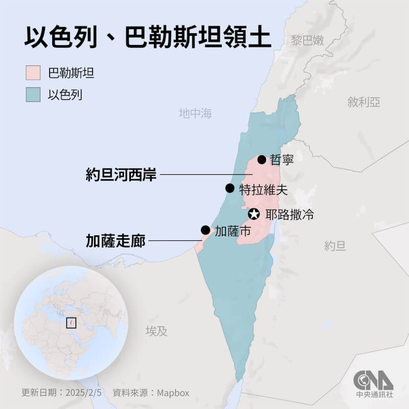 以色列國防部長卡茲表示,將在加薩走廊、黎巴嫩和敘利亞的所謂「安全區」維持駐軍。圖為以色列、巴勒斯坦領土及周邊國家。(中央社製圖)