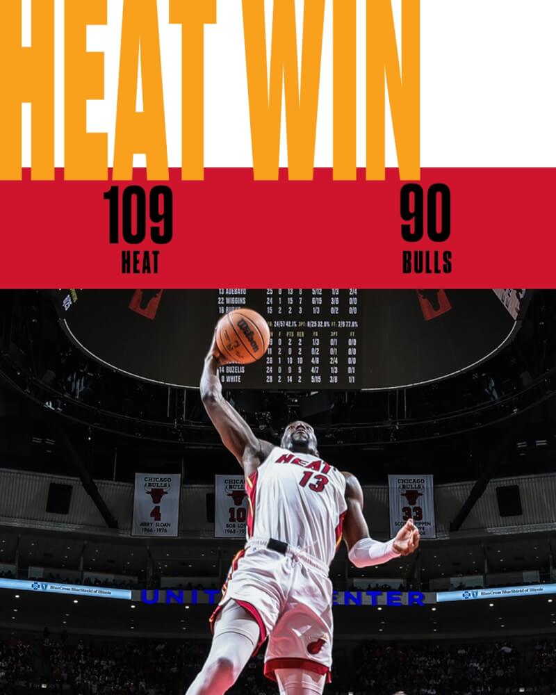 NBA附加賽邁阿密熱火16日以109比90擊敗芝加哥公牛,保住晉級季後賽希望。(圖取自x.com/MiamiHEAT)