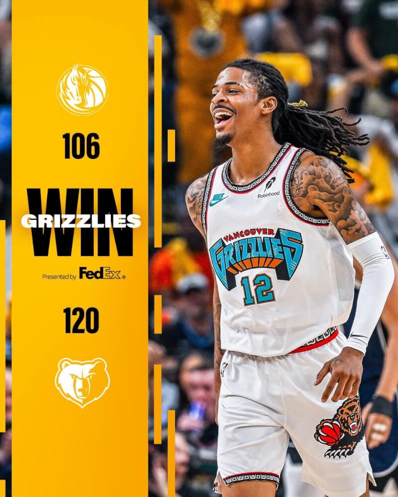 美國職籃NBA最後一場附加賽19日由曼菲斯灰熊出戰達拉斯獨行俠，灰熊靠莫蘭特（圖）、傑克森、貝恩3人得分20分以上，以120比106搶下西區第8種子。（圖取自x.com/memgrizz）
