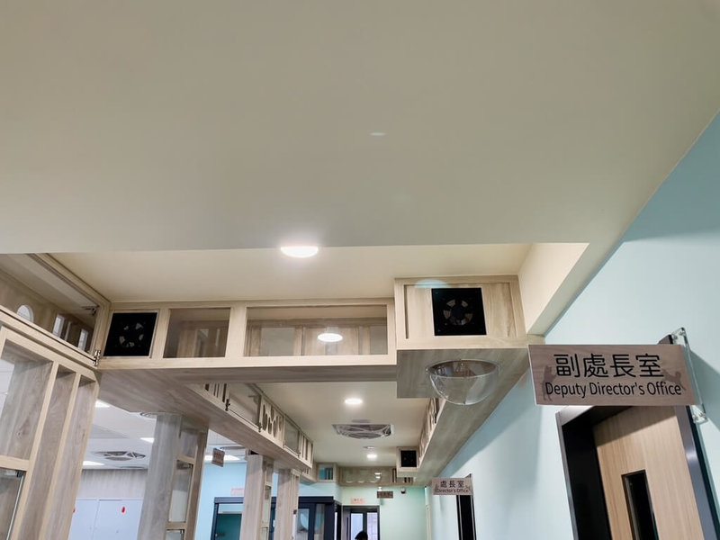 新北市政府動保處重新裝潢辦公室空間,將「貓道」融入天花板,打造立體貓咪遊樂場,有如喵星人基地。(動保處提供)中央社記者王鴻國傳真 114年4月21日