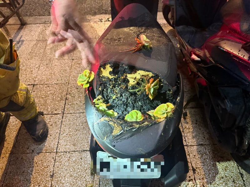 一名頭戴鴨舌帽、身穿黑色短袖上衣男子,21日晚間10時許持打火機,點燃停放在基隆市光一路騎樓的機車座墊後離去,所幸火勢很快撲滅無人受傷。警方已鎖定犯嫌,將積極查緝到案說明。(讀者提供)中央社記者王朝鈺傳真 114年4月21日
