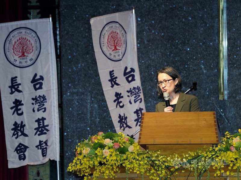 「台灣基督長老教會第70屆總會通常議會」22日下午在台北馬偕紀念醫院舉行,副總統蕭美琴(圖)出席致詞。中央社記者徐肇昌攝 114年4月22日