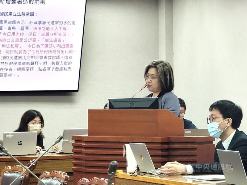 民進黨立委陳培瑜(站立者)23日在立法院司法及法制委員會質詢時提及國民黨於台北地檢署外涉違法抗議一案,詢問檢察機關的相關作為。中央社記者謝幸恩攝 114年4月23日