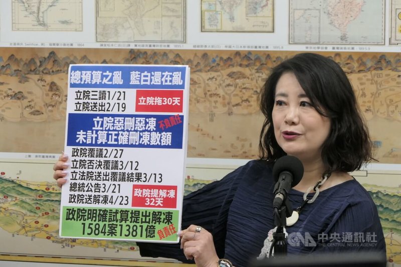 行政院長卓榮泰日前要求各部會將114年度中央政府總預算的解凍報告全部送出,遭在野黨質疑哭窮賣慘、解凍報告早就寫好。民進黨立法院黨團幹事長吳思瑤(圖)今天說,立法院拖了30天,交出一本不負責任、不及格的審查報告,在野黨不思檢討還譴責被害者,毫無道理。中央社記者林敬殷攝 114年4月24日