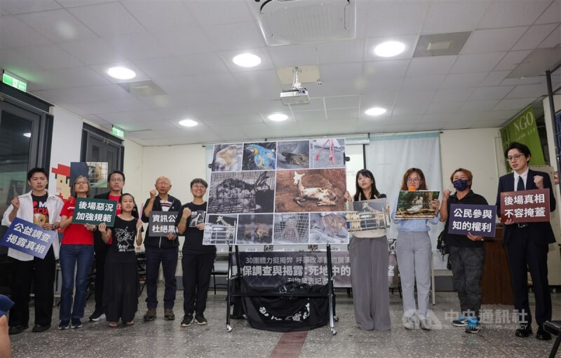 有動保人士以遊客身分調查六福村禽鳥表演後場挨告判罪,多個動保團體24日在台北舉行記者會聲援,強調公益調查必要性,呼籲強化後場管理規範,並推動資訊透明化,讓外界得以監督,以保障展演動物的安全。中央社記者裴禛攝 114年4月24日