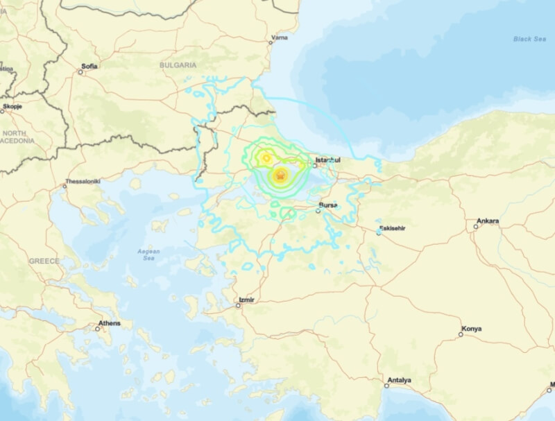 土耳其大城伊斯坦堡23日地震,規模6.2。(圖取自美國地質調查所網頁earthquake.usgs.gov)