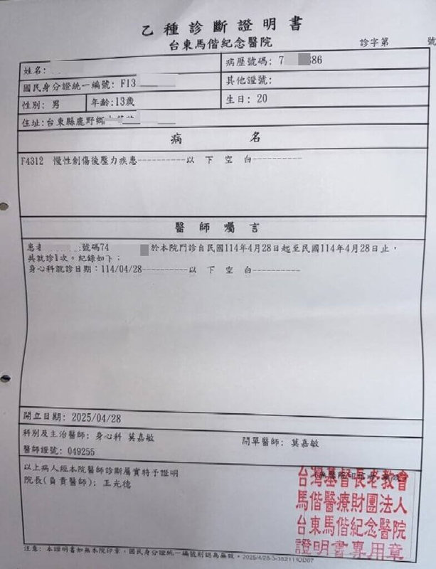 台東某國中足球教練遭家長指控長期對學生不當管教及體罰。校方30日表示，已於第一時間啟動調查程序，並依據教師法及相關規定，暫停教練所有指導職務。圖為家長提供學生診斷證明。（家屬提供）中央社記者盧太城台東傳真  114年4月30日