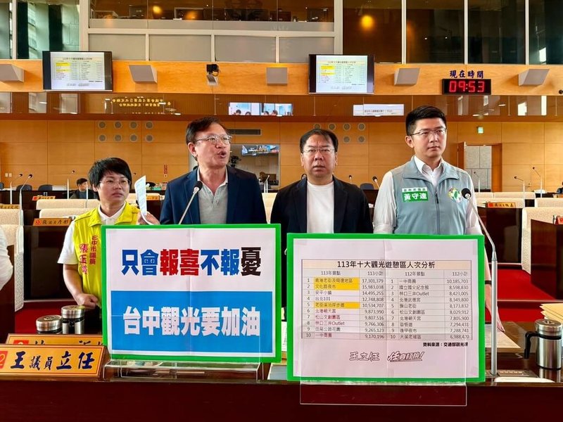 台中市議會5日召開交通地政業務質詢,民進黨台中市議員張玉嬿(左起)、王立任、謝志忠、黃守達指出,台中市112年排在前10名有3個景點,但113年只剩一中商圈留在榜內,批評市府不用心。(王立任提供)中央社記者趙麗妍傳真 114年5月5日