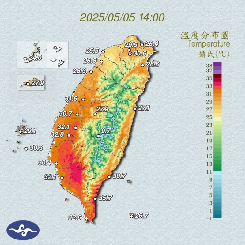 圖為5日下午2時全台氣溫分布。(圖取自氣象署網頁cwa.gov.tw)