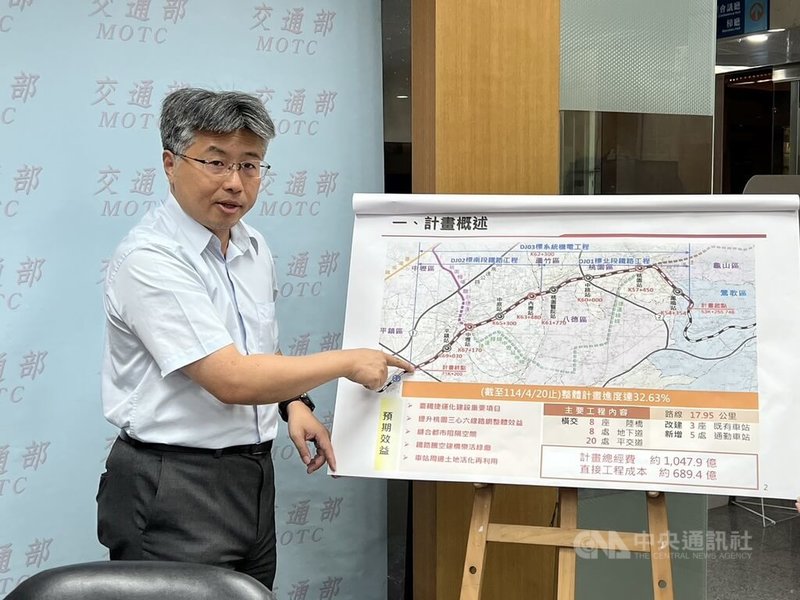 交通部鐵道局6日公布桃園鐵路地下化工程進度,鐵道局北部工程分局副分局長黃士銘(圖)表示,整體計畫進度達32.63%,待主體工程、連續壁開始施作,工程進度將上升。中央社記者黃巧雯攝 114年5月6日